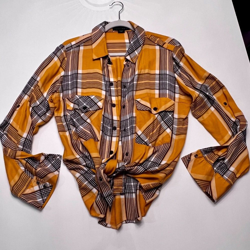 Sanctuary Boyfriend Flannel Plaid Shirt Yellow/Gold/Black Size Small